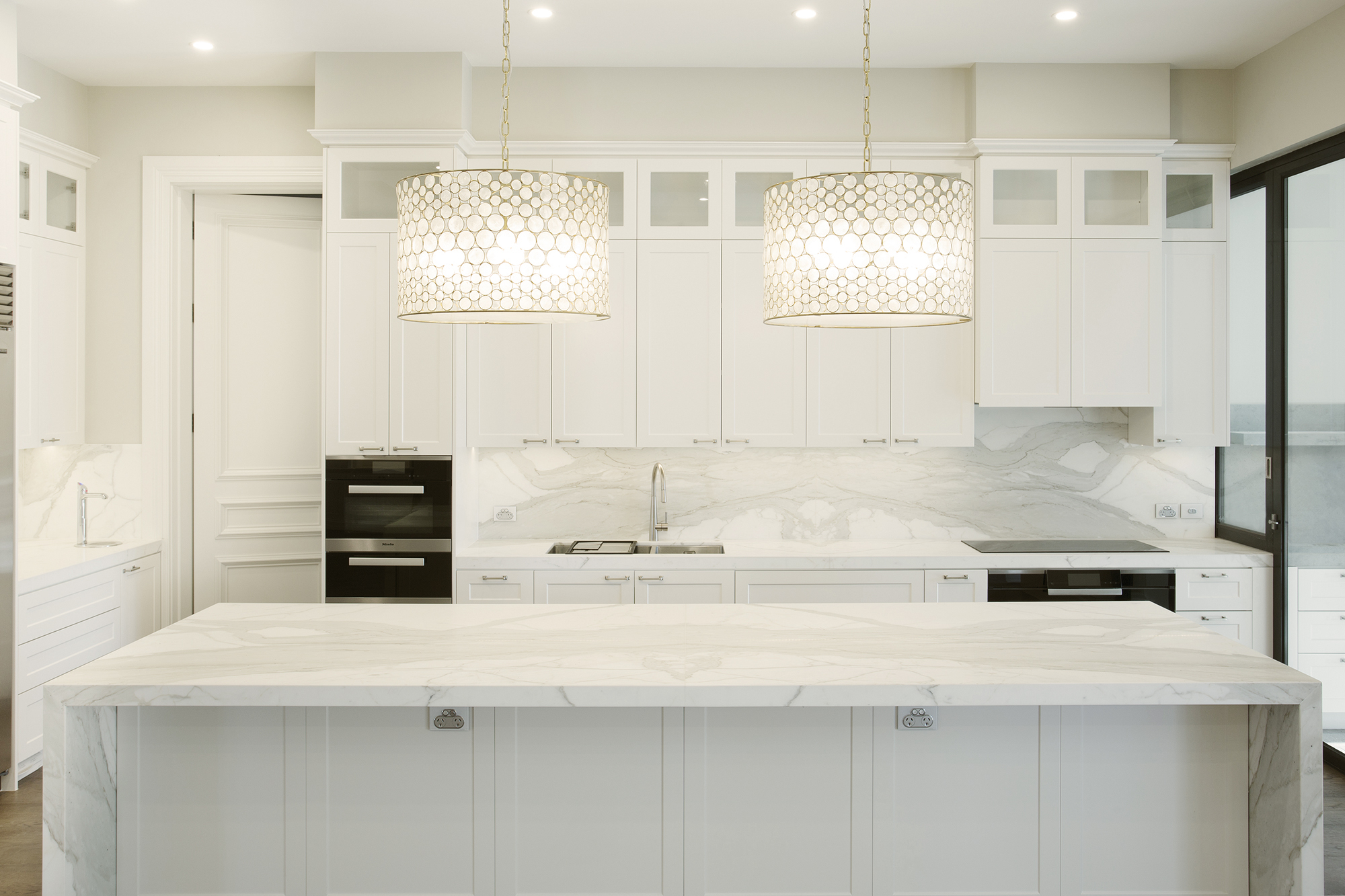 White 2 pack pac calcutta marbe stone bench kitchen lighting island bench Brighton. High end design
